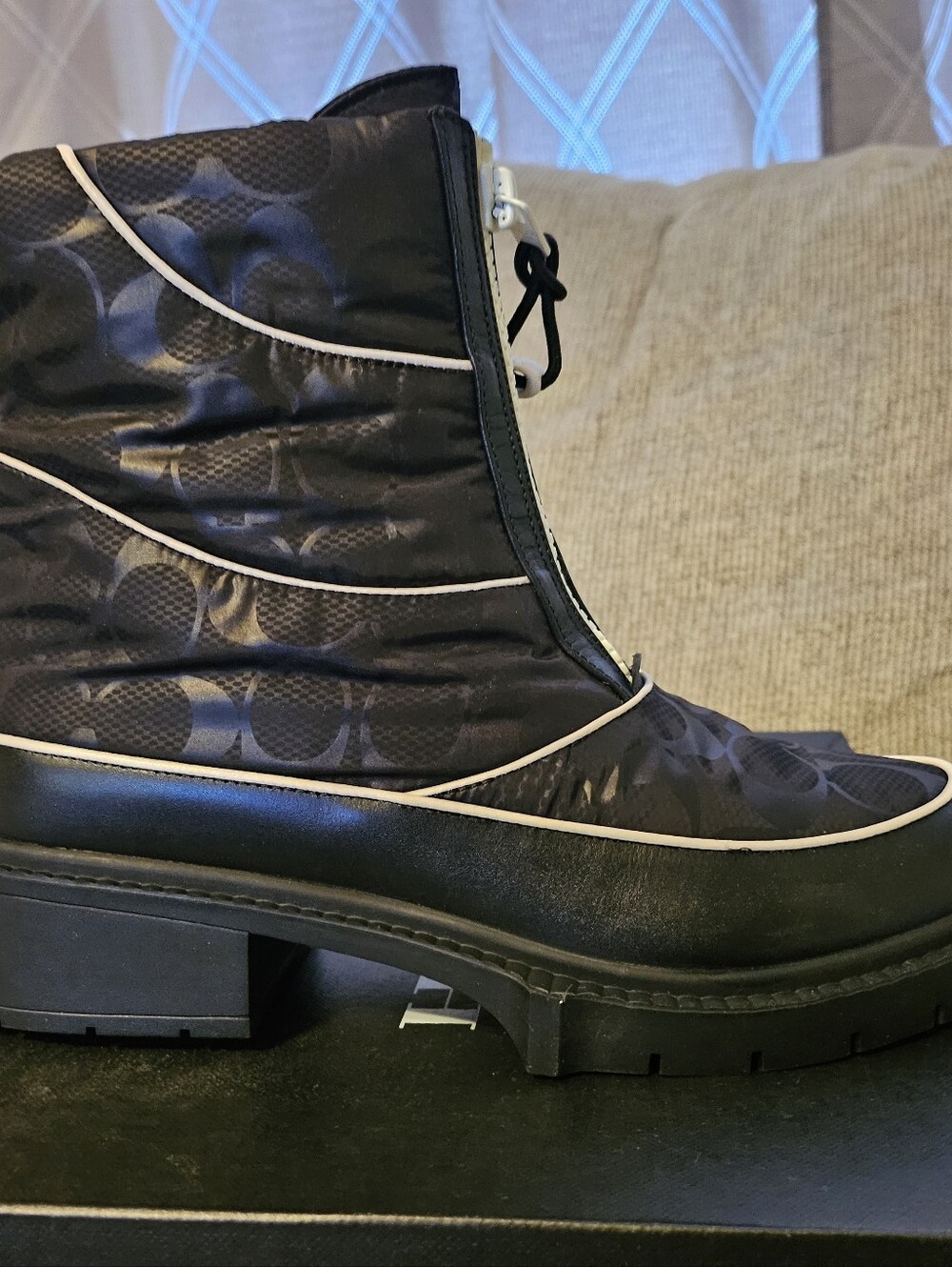 Coach Black Quilted Zip Up Ankle Boot with White Piping